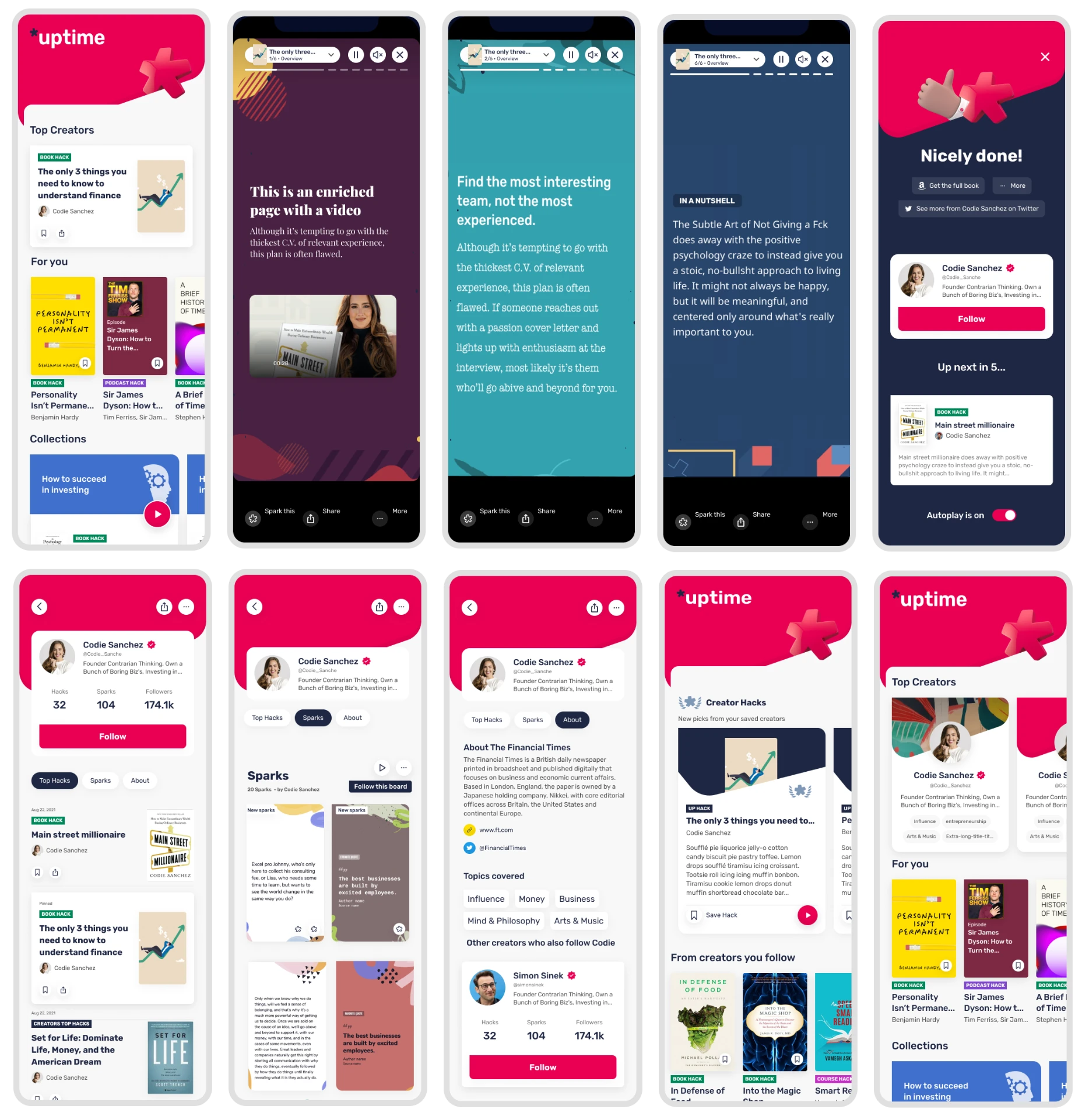 Final Uptime screens: creator cards, hack pages, end-of-hack follow prompt and creator profile tabs