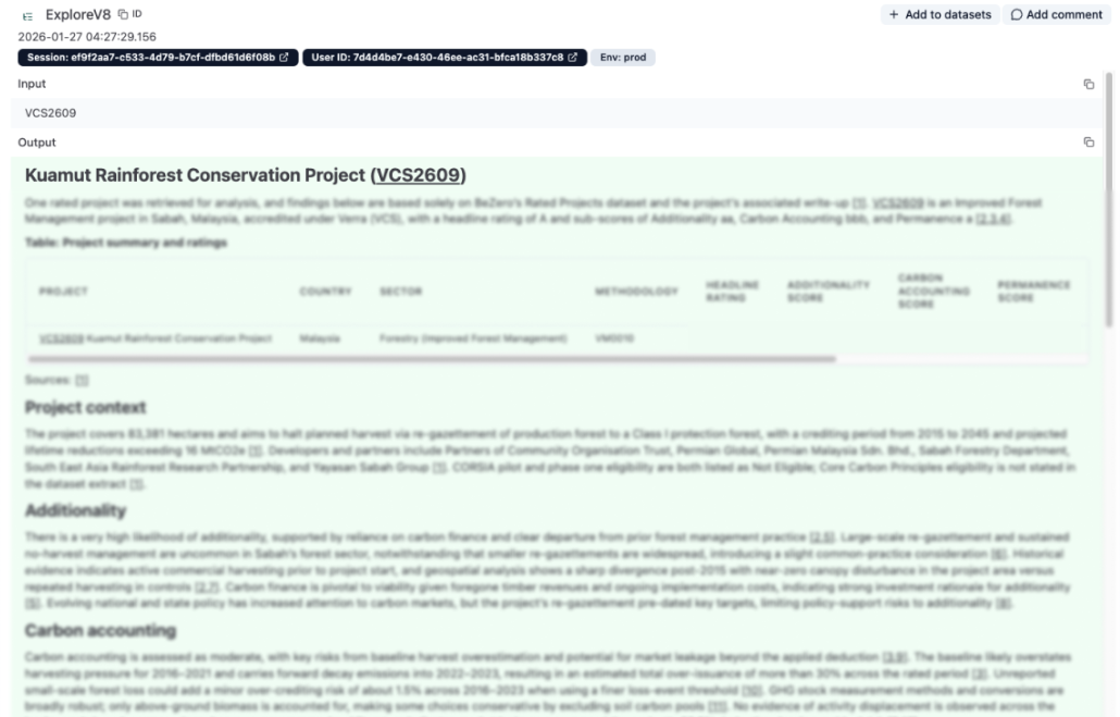 LangFuse trace showing a user query for project VCS2609 and the assistant's response